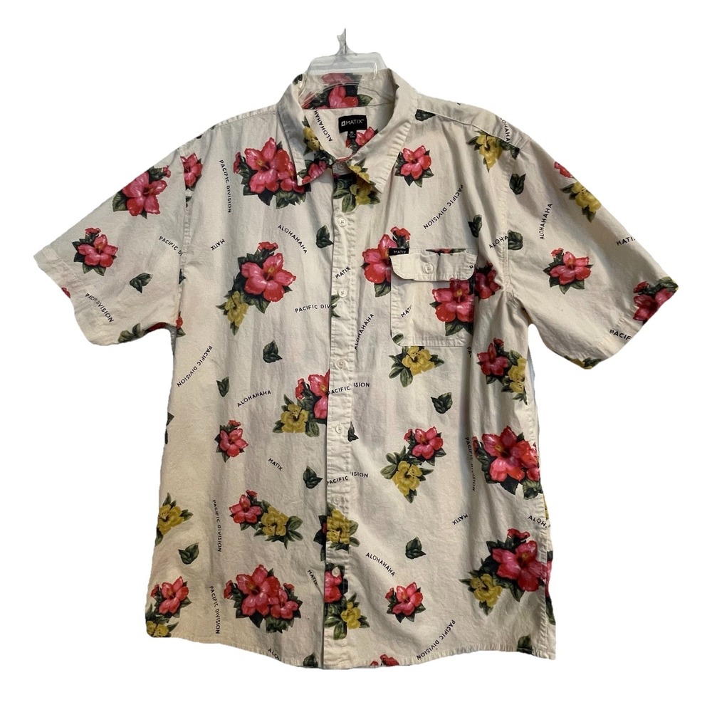 Matix Aloha Men's Shirt XL Lt Beige Floral Cotton‎ Pacific Division Surf Skate